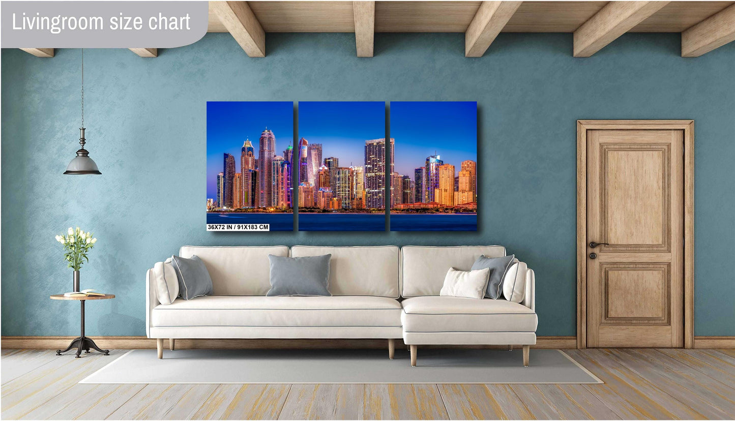 Dubai skyline print, Dubai Marina photo, Dubai cityscape art, modern skyline print, blue hour cityscape, UAE photography, Dubai sunset wall art, architectural skyline, city lights print, skyscraper wall decor, Dubai nightscape, luxury travel decor, Dubai fine art