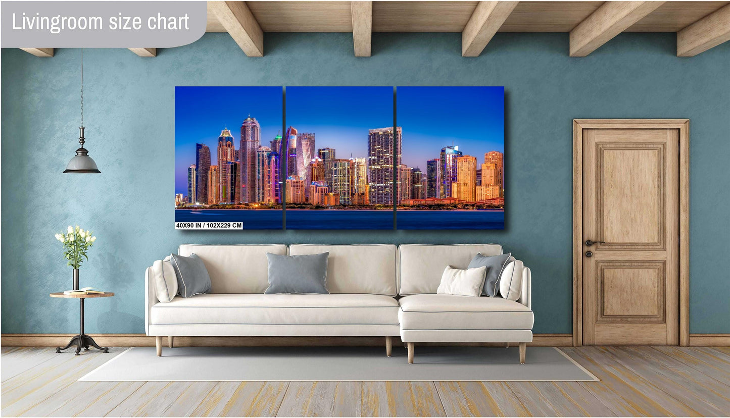 Dubai skyline print, Dubai Marina photo, Dubai cityscape art, modern skyline print, blue hour cityscape, UAE photography, Dubai sunset wall art, architectural skyline, city lights print, skyscraper wall decor, Dubai nightscape, luxury travel decor, Dubai fine art