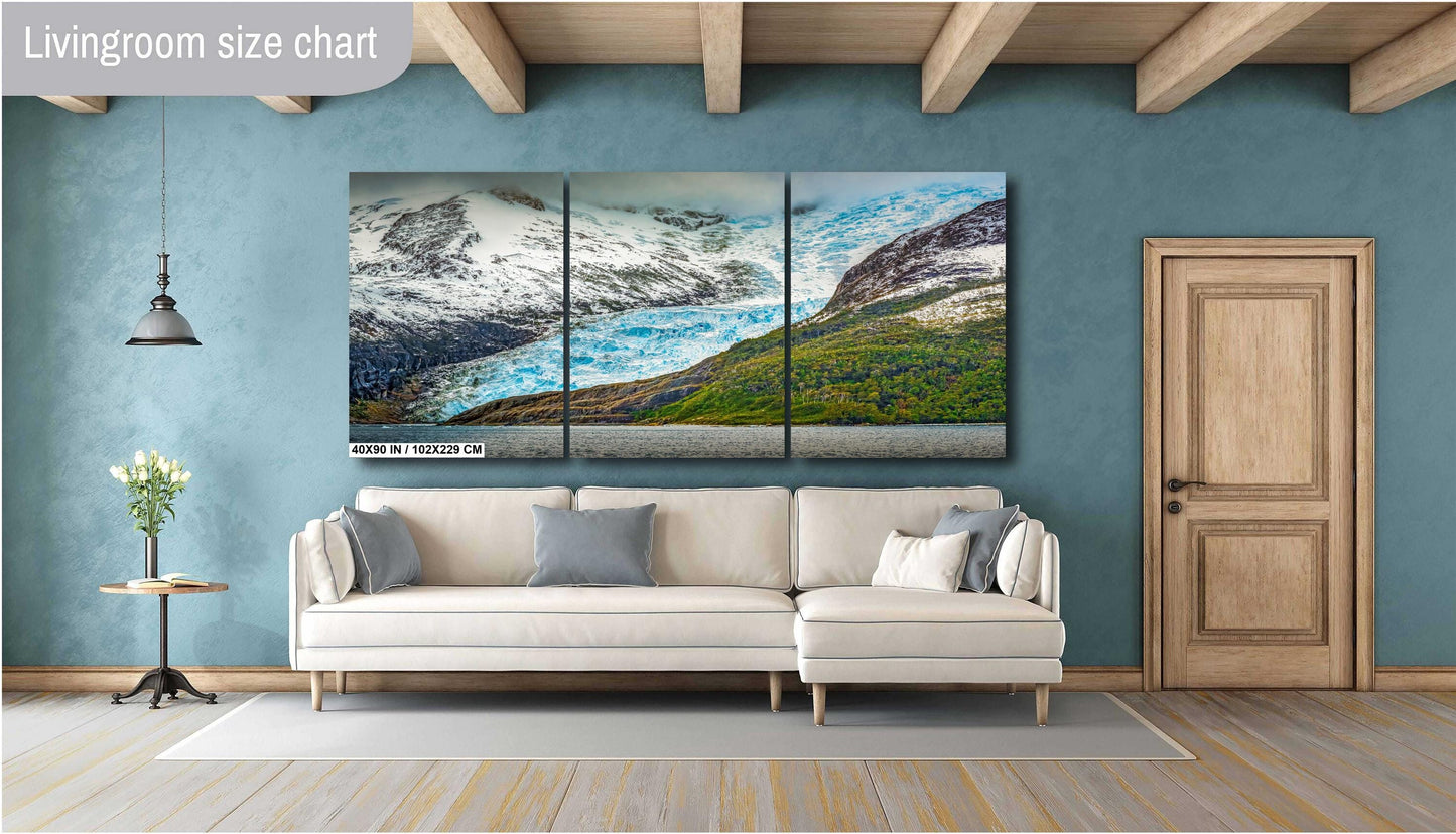 blue glacier photo, glacier mountain print, ice and rock art, Antarctica wall art, wilderness landscape print, glacier and forest, nature photography print, travel wall art, glacier contrast print, South America scenery, remote landscape photo, glacier wall decor, majestic glacier