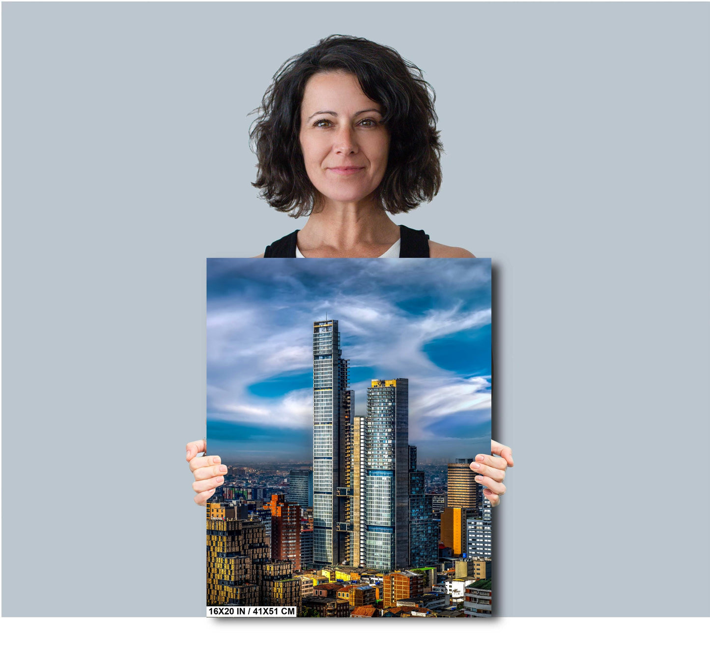 Bogota cityscape, Colombia skyline, BD Bacatá Tower photo, modern Bogota print, urban skyline art, Bogota wall art, BD Bacatá close-up, urban architecture photo, Bogota downtown print, Colombia skyscraper image, cityscape photography print