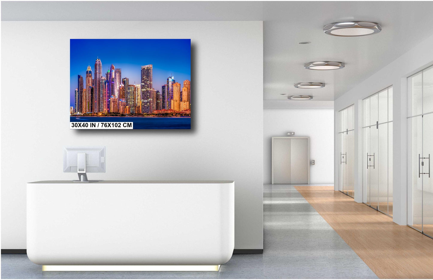 Dubai skyline print, Dubai Marina photo, Dubai cityscape art, modern skyline print, blue hour cityscape, UAE photography, Dubai sunset wall art, architectural skyline, city lights print, skyscraper wall decor, Dubai nightscape, luxury travel decor, Dubai fine art
