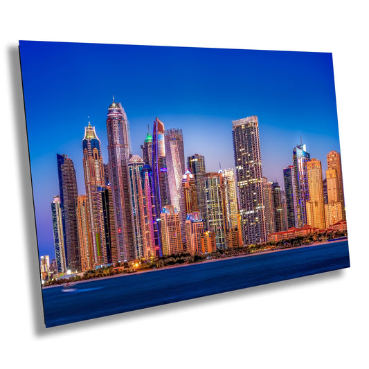 Dubai skyline print, Dubai Marina photo, Dubai cityscape art, modern skyline print, blue hour cityscape, UAE photography, Dubai sunset wall art, architectural skyline, city lights print, skyscraper wall decor, Dubai nightscape, luxury travel decor, Dubai fine art