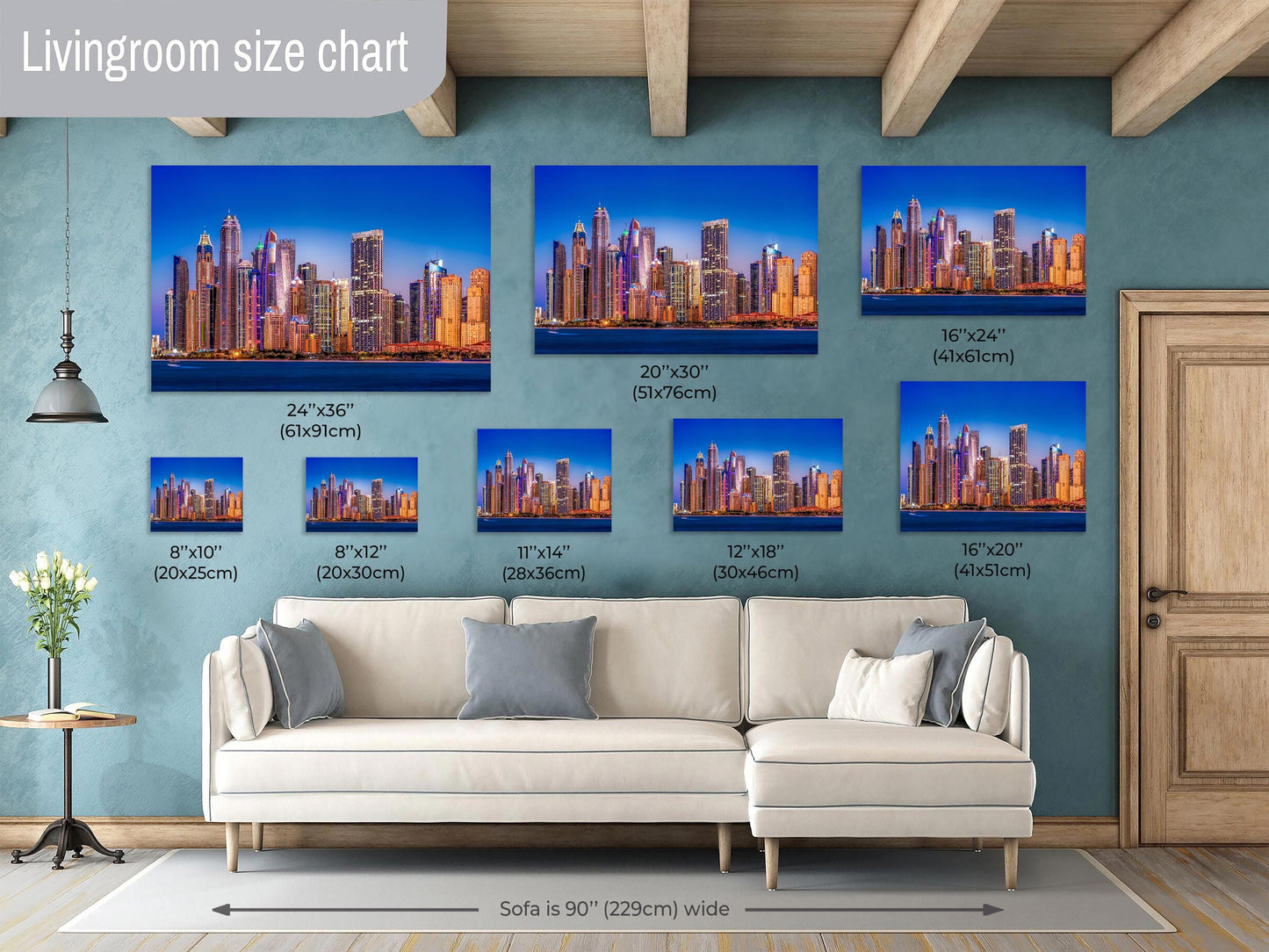 Dubai skyline print, Dubai Marina photo, Dubai cityscape art, modern skyline print, blue hour cityscape, UAE photography, Dubai sunset wall art, architectural skyline, city lights print, skyscraper wall decor, Dubai nightscape, luxury travel decor, Dubai fine art