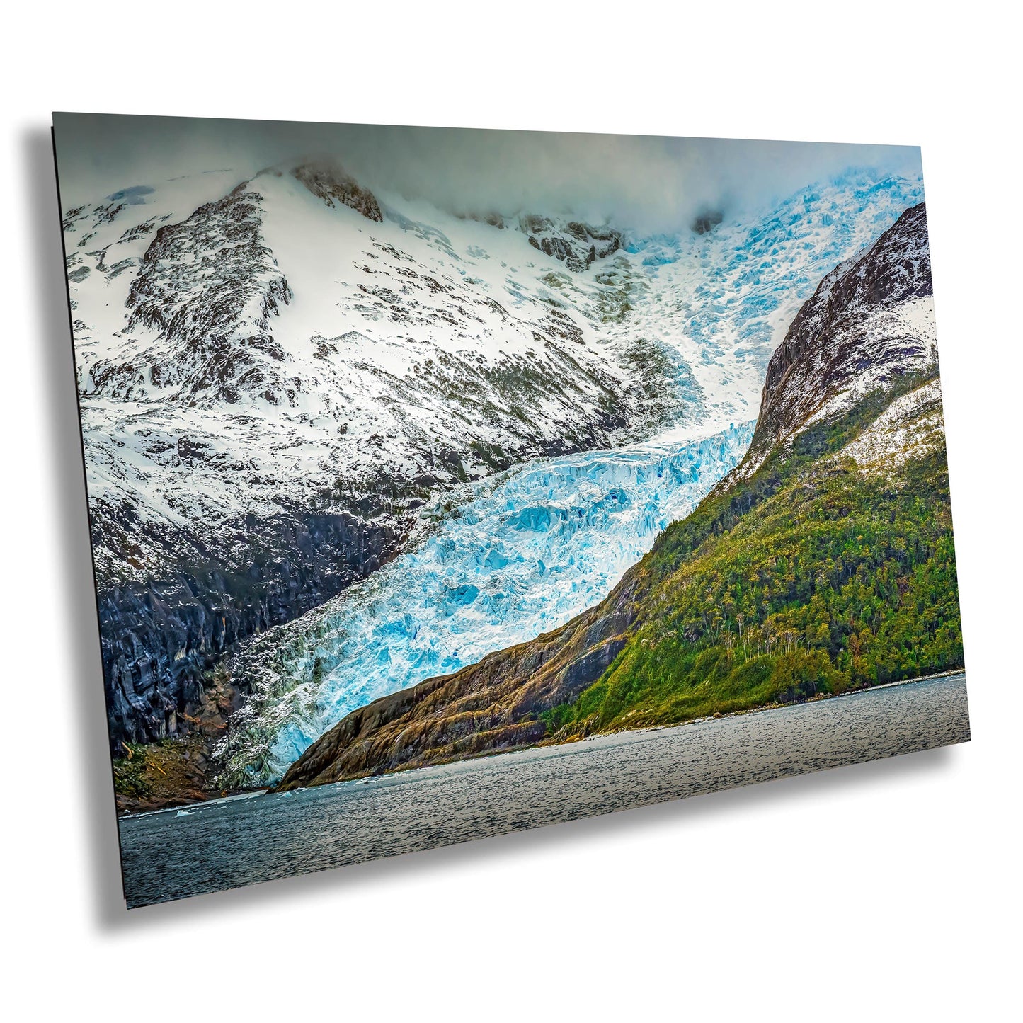 blue glacier photo, glacier mountain print, ice and rock art, Antarctica wall art, wilderness landscape print, glacier and forest, nature photography print, travel wall art, glacier contrast print, South America scenery, remote landscape photo, glacier wall decor, majestic glacier