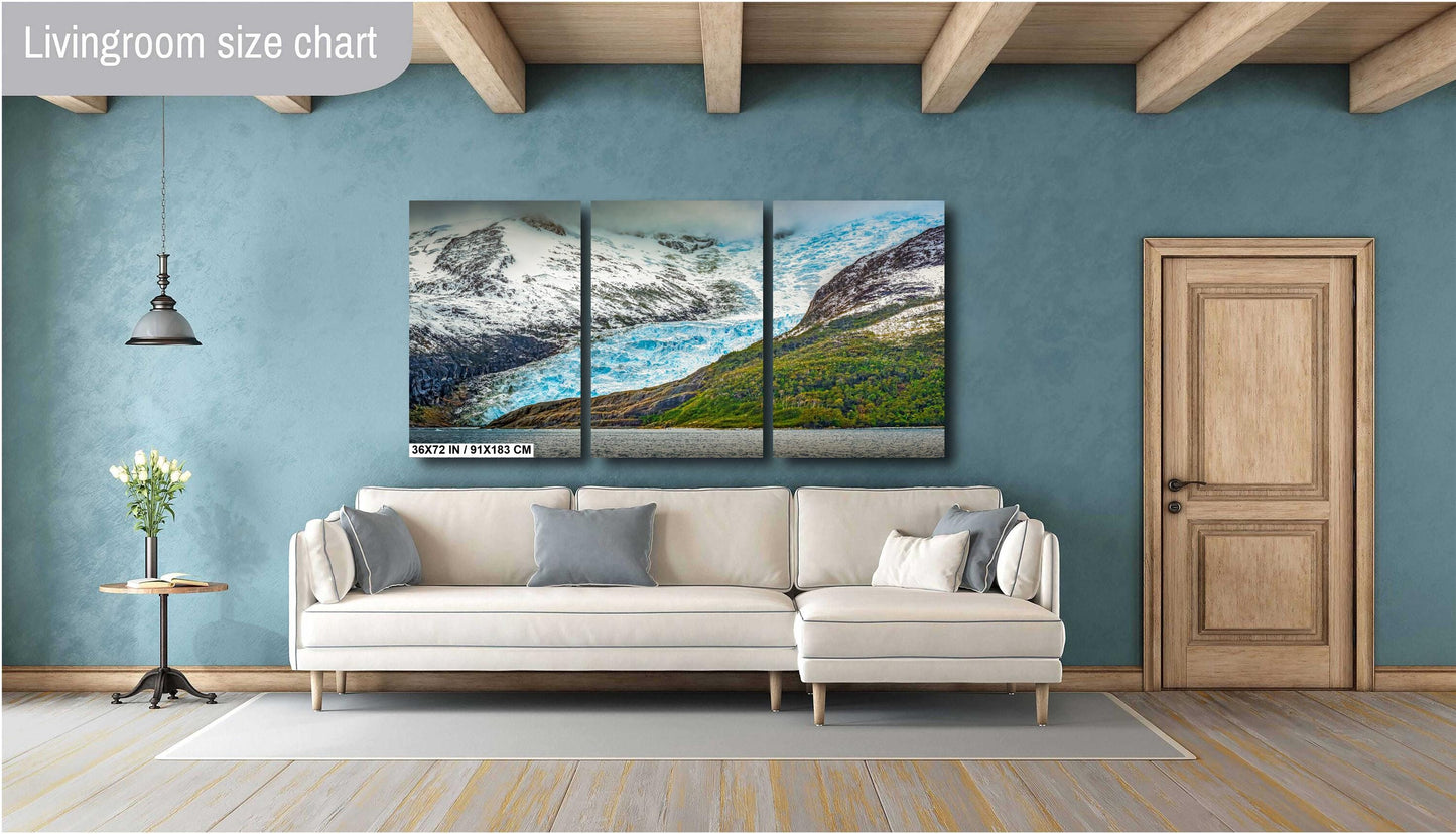 blue glacier photo, glacier mountain print, ice and rock art, Antarctica wall art, wilderness landscape print, glacier and forest, nature photography print, travel wall art, glacier contrast print, South America scenery, remote landscape photo, glacier wall decor, majestic glacier