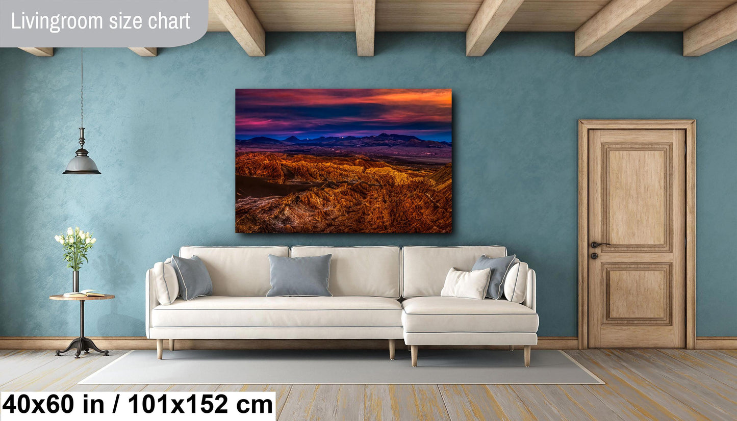 Desert Sunset, Atacama, Volcanoes, Rugged Mountains, Chile, Travel Photography, Scenic Landscape, Canvas, Metal, Acrylic Print