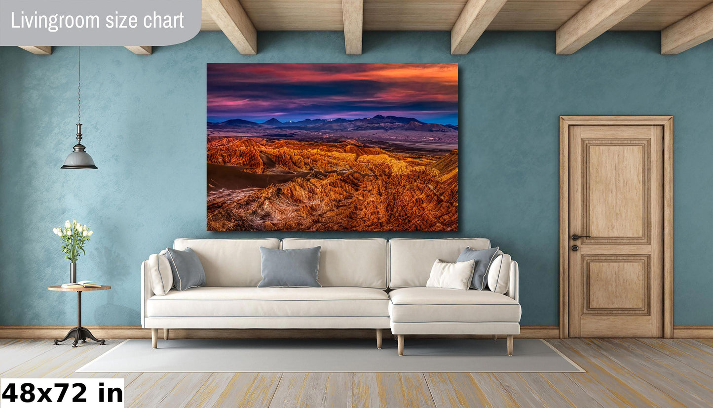 Desert Sunset, Atacama, Volcanoes, Rugged Mountains, Chile, Travel Photography, Scenic Landscape, Canvas, Metal, Acrylic Print