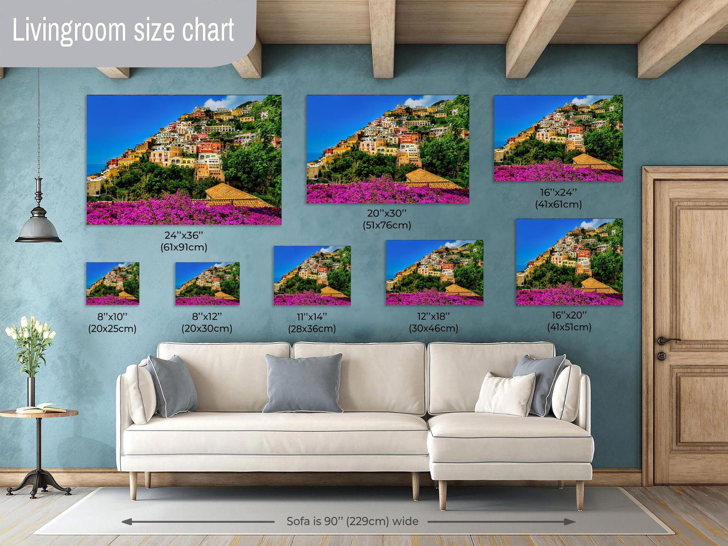 Positano Italy Canvas Print, Italy Photography, Amalfi Coast Photo, Photo Art, Positano Photography, Pink Flowers