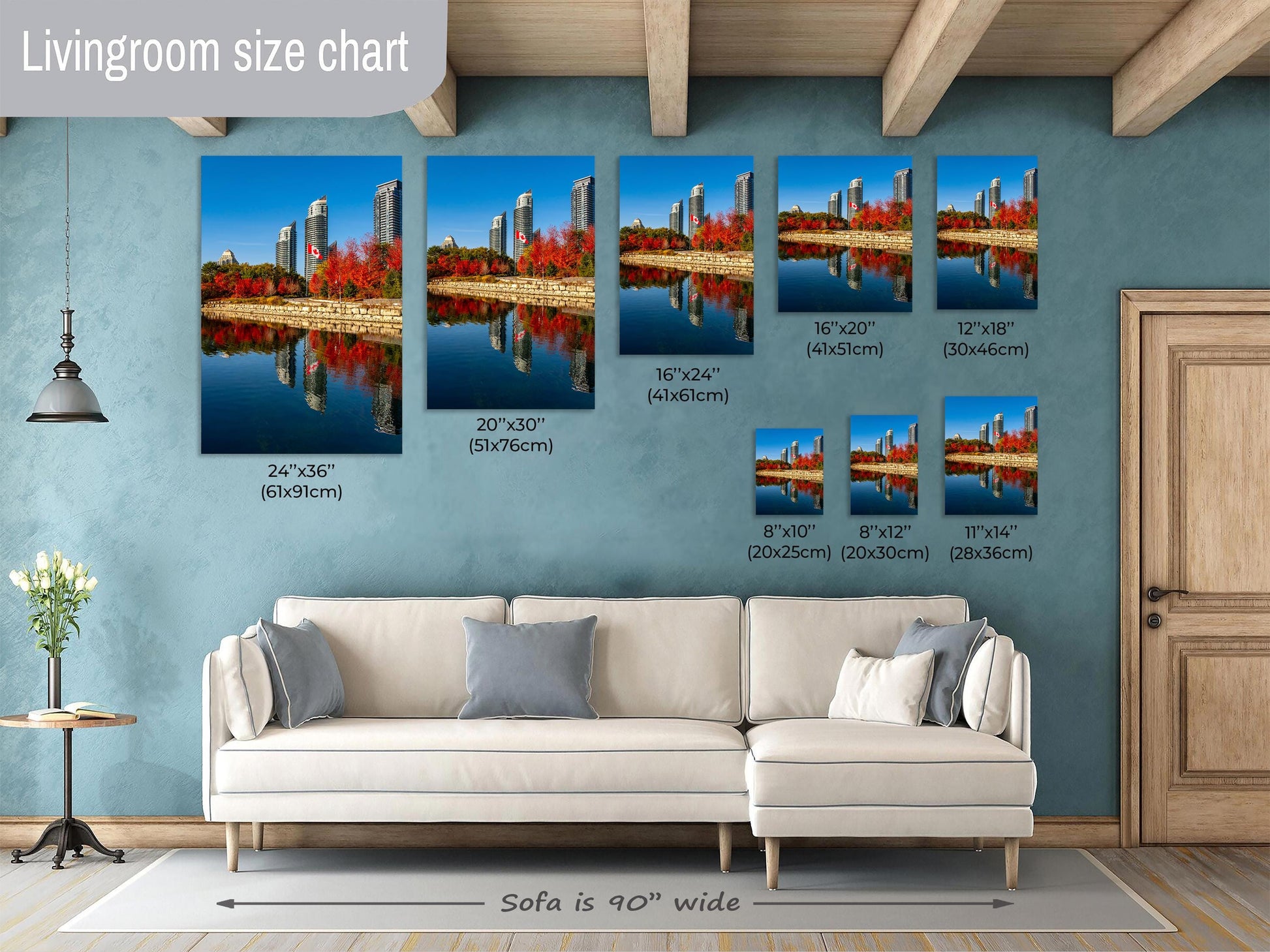 Toronto skyline print, Humber Bay Shores art, four seasons photo, fall foliage reflection, cityscape photography, Canadian nature print, seasonal landscape art, autumn colors photography, Toronto waterfront scene, urban nature photography, fine art cityscape, reflection art, Canada wall decor