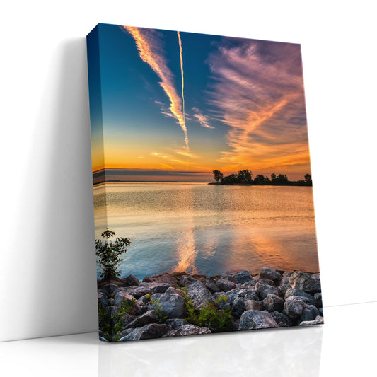 Toronto sunrise photo, Humber Bay Shores art, Toronto beach print, Lake Ontario photography, summer morning scene, peaceful water reflection, Toronto skyline view, fine art cityscape, golden hour landscape, nature in Toronto, sunrise over lake, calm waters print, scenic Canada photo