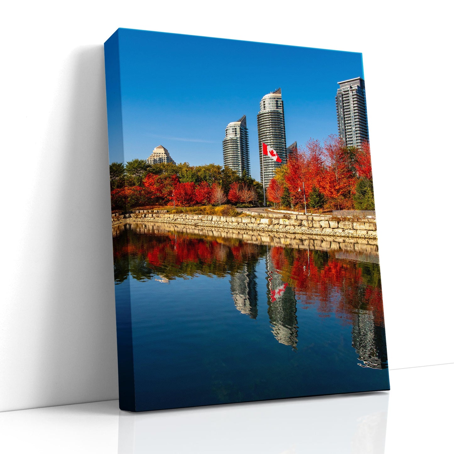 Toronto skyline print, Humber Bay Shores art, four seasons photo, fall foliage reflection, cityscape photography, Canadian nature print, seasonal landscape art, autumn colors photography, Toronto waterfront scene, urban nature photography, fine art cityscape, reflection art, Canada wall decor