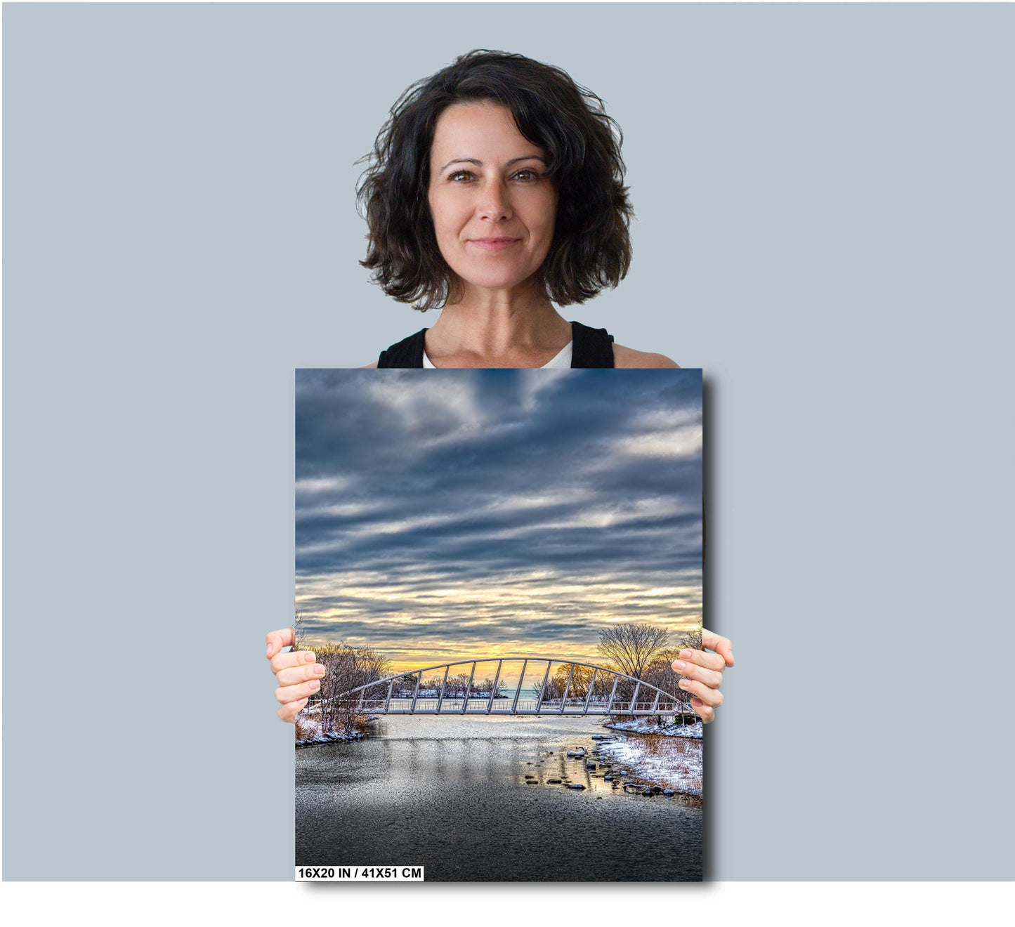 Snow on Bridge, Fine Art, Humber Bay Shores, Etobicoke, nature art, Mimico Creek, reflecting water, Wall Print, white clouds, white snow