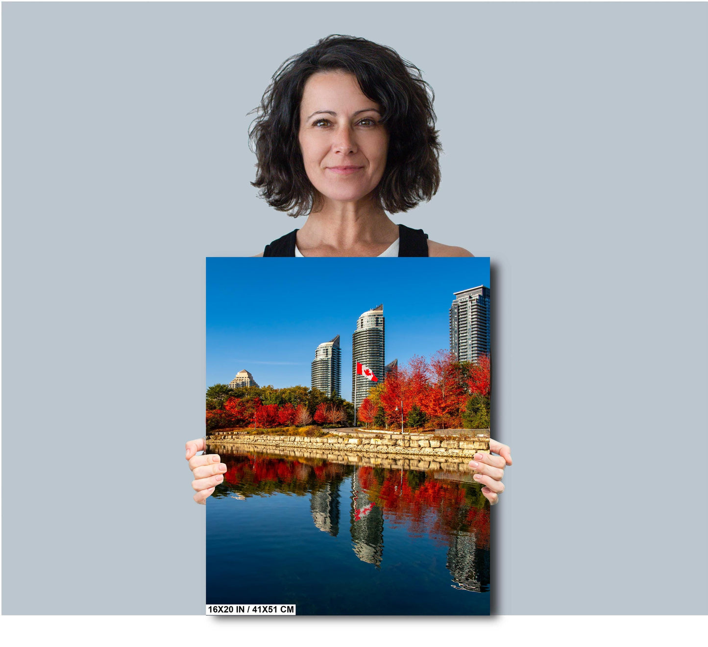 Toronto skyline print, Humber Bay Shores art, four seasons photo, fall foliage reflection, cityscape photography, Canadian nature print, seasonal landscape art, autumn colors photography, Toronto waterfront scene, urban nature photography, fine art cityscape, reflection art, Canada wall decor