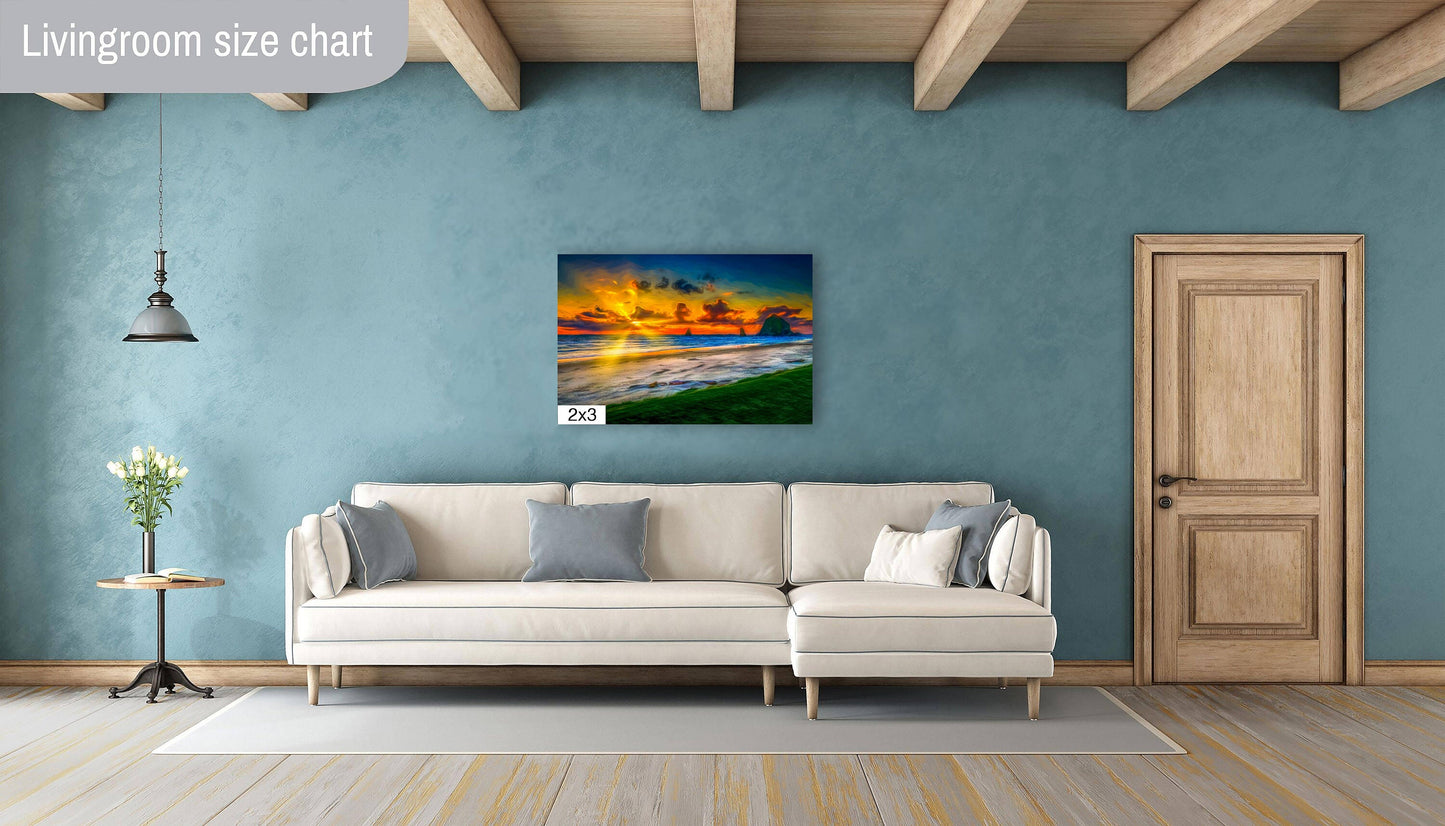 Ocean Sunset on Canvas, Painterly Photo Art, Landscape Image, Cannon Beach Oregon, Canvas Wall Art, Haystack Rock