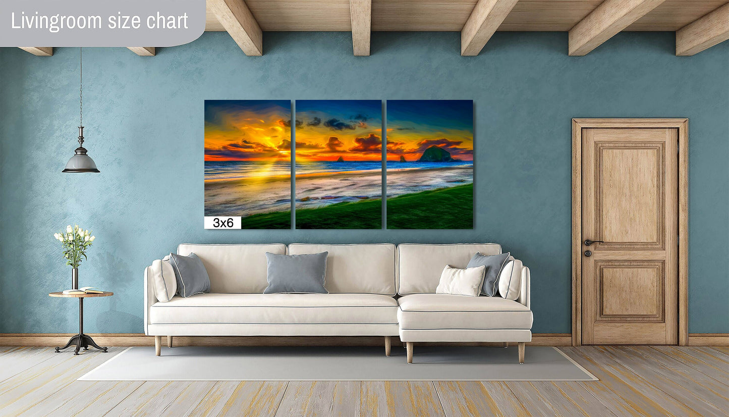 Ocean Sunset on Canvas, Painterly Photo Art, Landscape Image, Cannon Beach Oregon, Canvas Wall Art, Haystack Rock