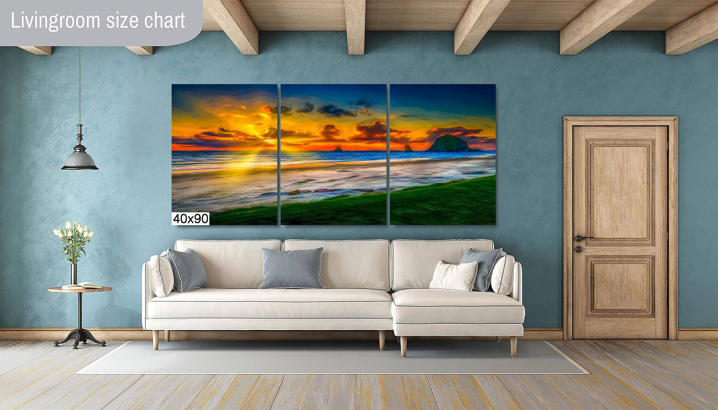 Ocean Sunset on Canvas, Painterly Photo Art, Landscape Image, Cannon Beach Oregon, Canvas Wall Art, Haystack Rock