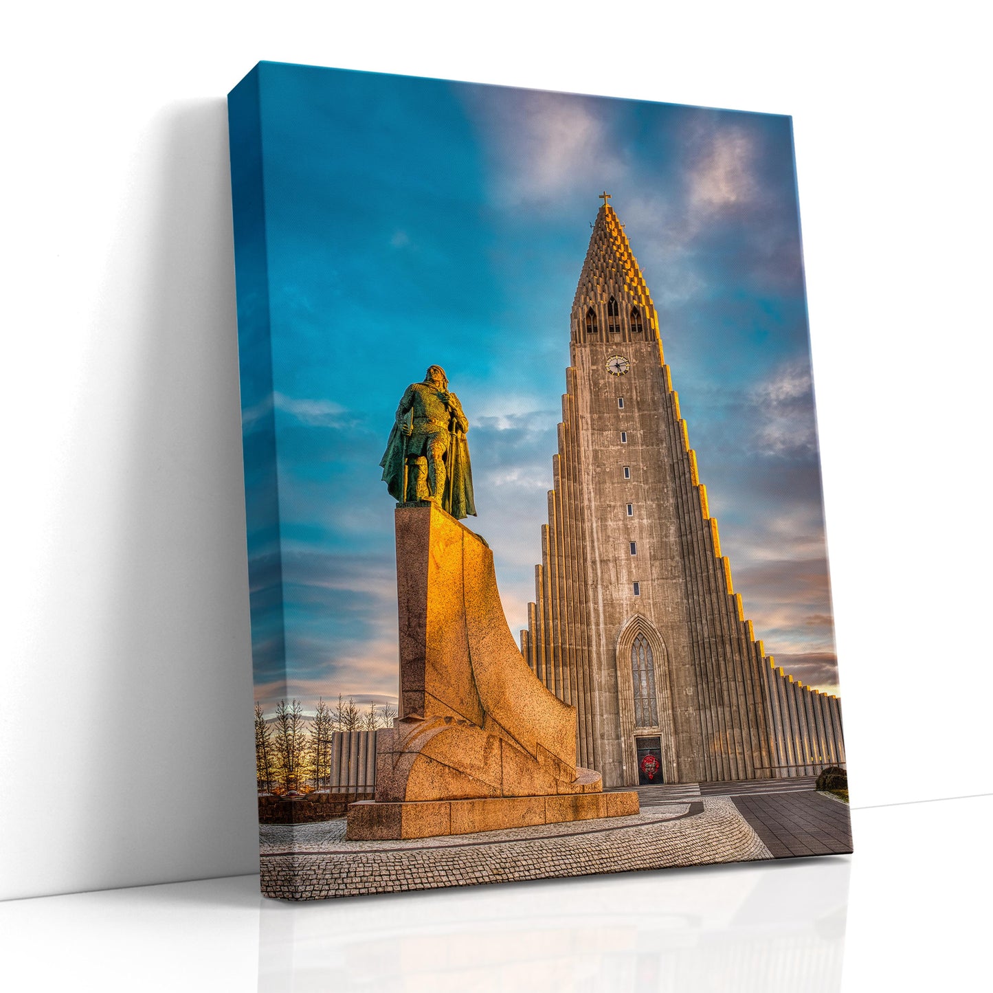 Reykjavik photo, Hallgrimur sunset, Iceland church, Leif Erikson statue, golden hour print, Reykjavik landmark, Iceland architecture, Lutheran church, sunset photography, Icelandic heritage, Nordic design, Reykjavik photography, Iceland travel art