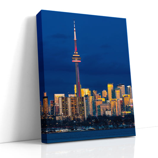 Blue Sunset, CN Tower, gold buildings, modern art, reflections, Toronto waterfront, Toronto Architecture, modern buildings