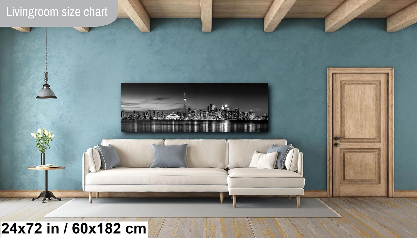 Toronto Panorama Cityscape Photography, Black and White Print, Panorama Photo Art, Canvas Print, Canvas Wall Art, CN Tower