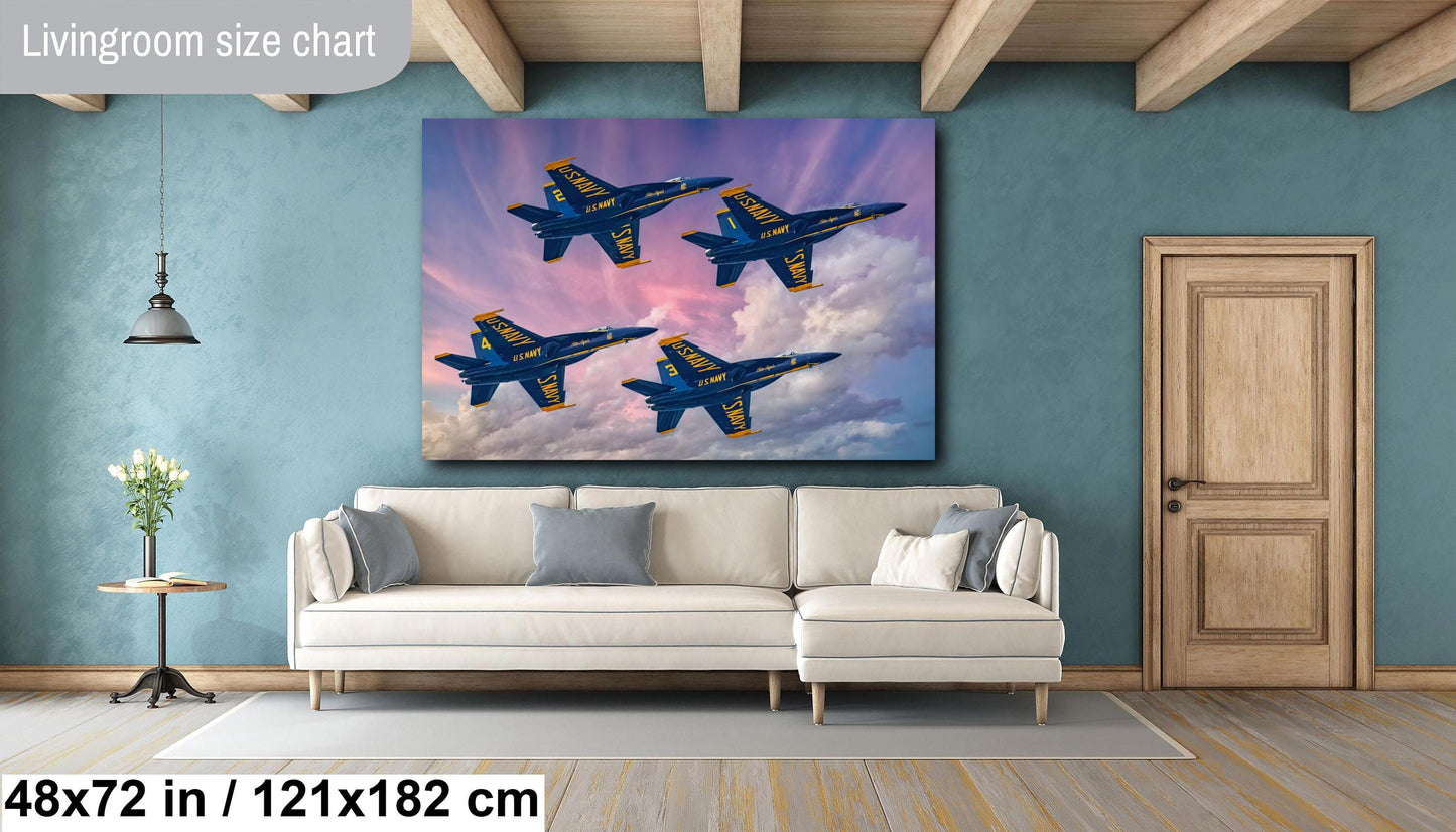 Blue Angels, jet photography, F/A-18 art, aviation photography, airshow art, military jets, patriotic decor, precision flying, aviation lovers, American jets, jet formation, aviation art, blue and yellow