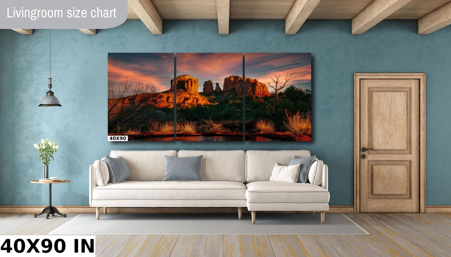 Sedona Cathedral Rock, Sunset, Arizona Wall Art Canvas Print, Sonoran scenic landscape, Red Rocks home art decor, wall decor, nature art