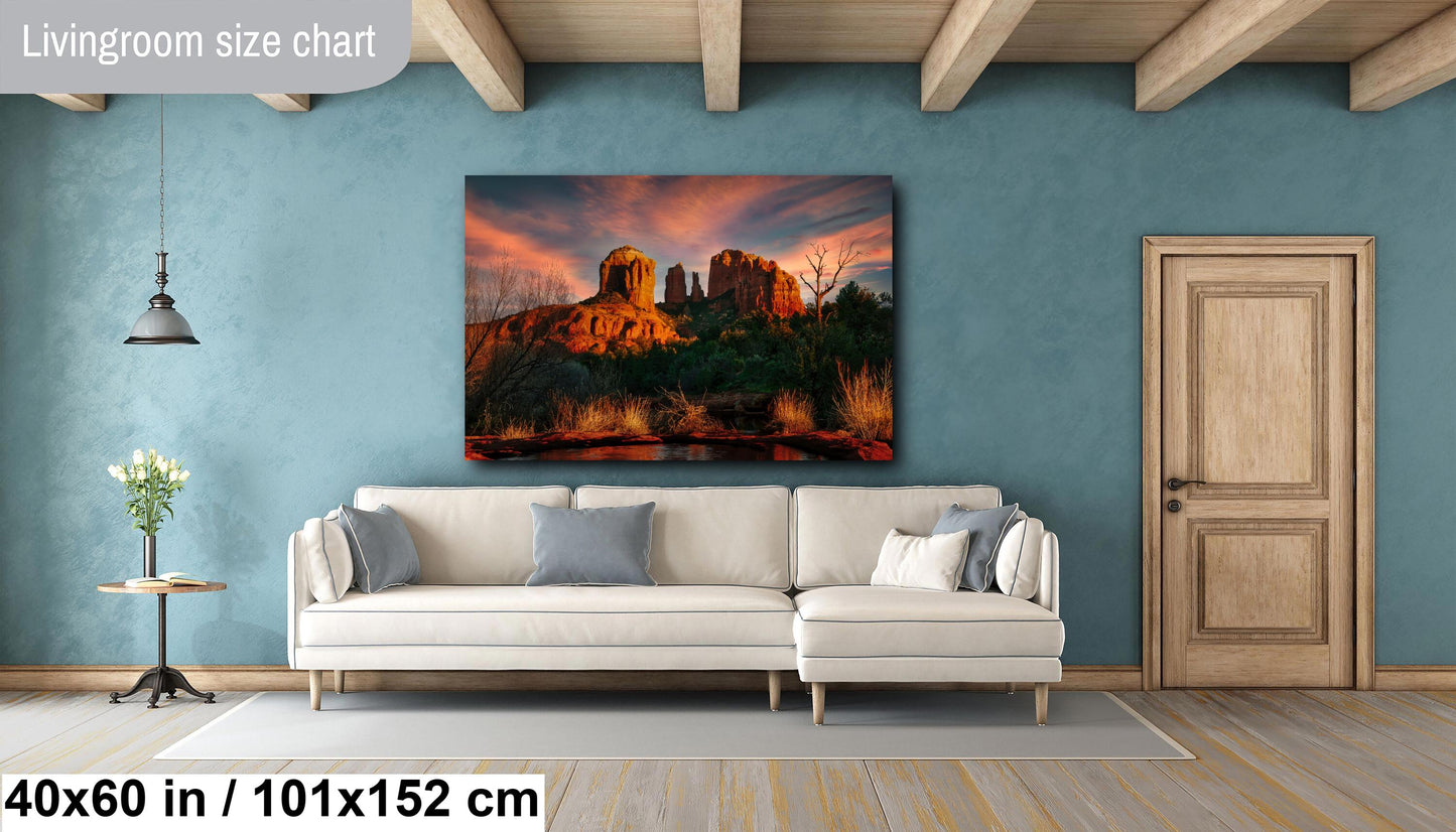 Sedona Cathedral Rock, Sunset, Arizona Wall Art Canvas Print, Sonoran scenic landscape, Red Rocks home art decor, wall decor, nature art