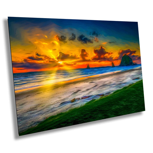 Ocean Sunset on Canvas, Painterly Photo Art, Landscape Image, Cannon Beach Oregon, Canvas Wall Art, Haystack Rock