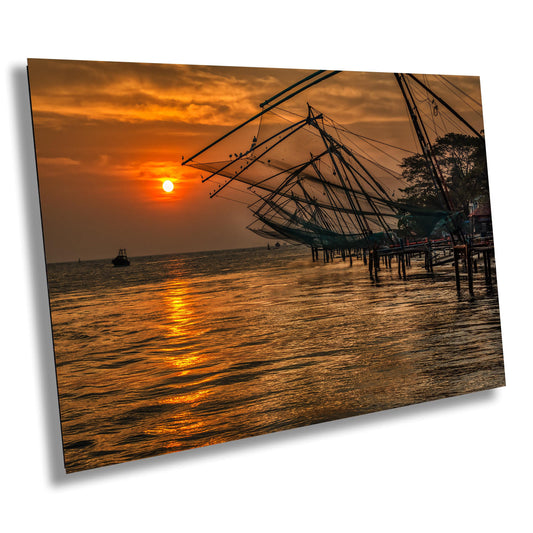 Sunset on Ocean Print, Waterscape on Canvas, Photo Art, Canvas Print, Canvas Wall Art, Cochin India, Fishing Nets, Red Sunset, Travel, Gift