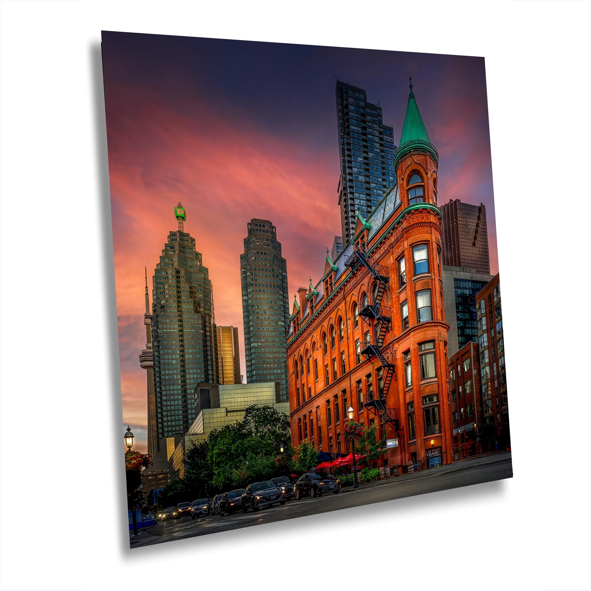 Flatiron Building, Gooderham Building, Toronto landmark, Toronto skyline, cityscape photography, sunset Toronto, historic architecture, iconic building, urban landscape, Victorian design, CN Tower view, Toronto photo, Toronto wall art