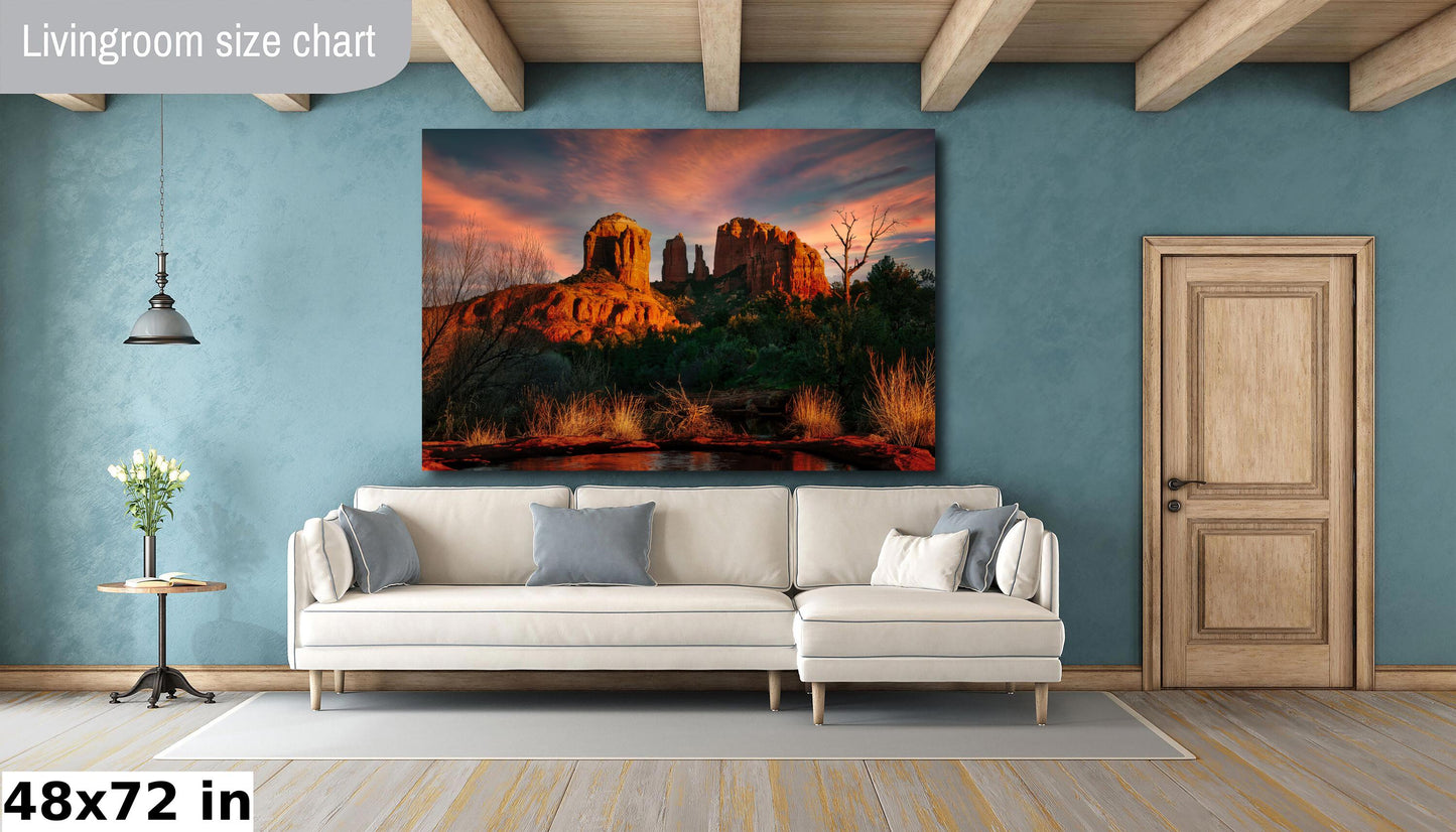 Sedona Cathedral Rock, Sunset, Arizona Wall Art Canvas Print, Sonoran scenic landscape, Red Rocks home art decor, wall decor, nature art