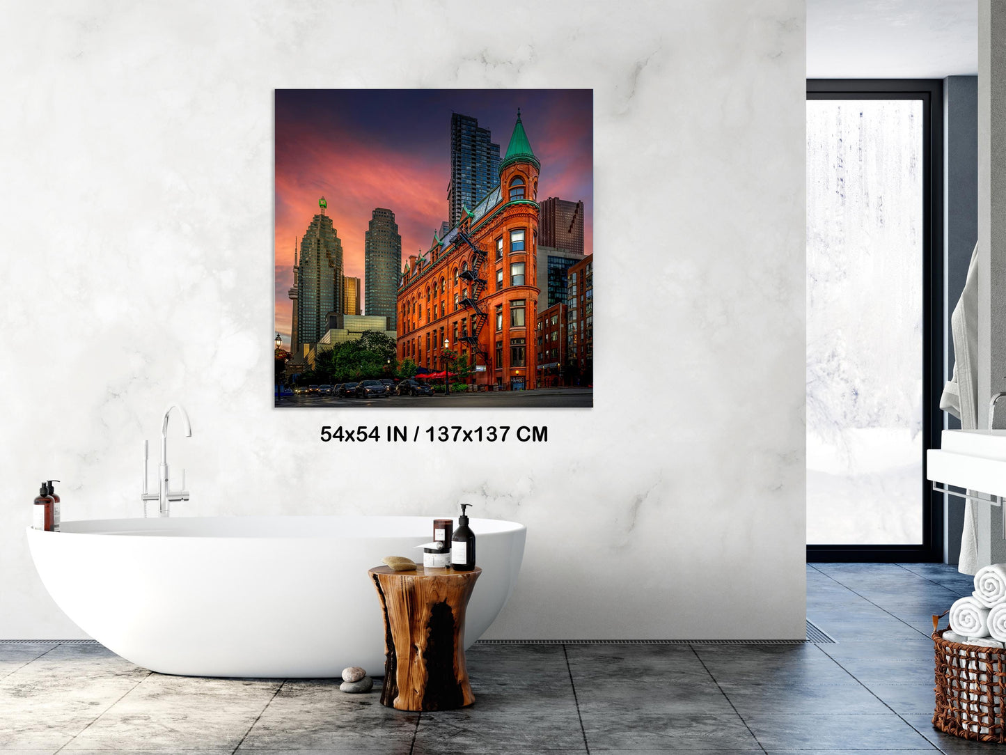 Flatiron Building, Gooderham Building, Toronto landmark, Toronto skyline, cityscape photography, sunset Toronto, historic architecture, iconic building, urban landscape, Victorian design, CN Tower view, Toronto photo, Toronto wall art