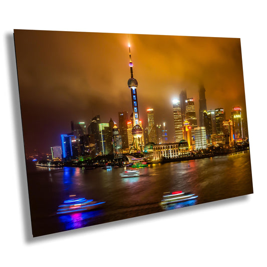 Shanghai Skyline Photography, Photo Art, Canvas Print, Home Decor, Wall Art, Buildings, Cityscape, Boats, Fog, Shanghai Tower