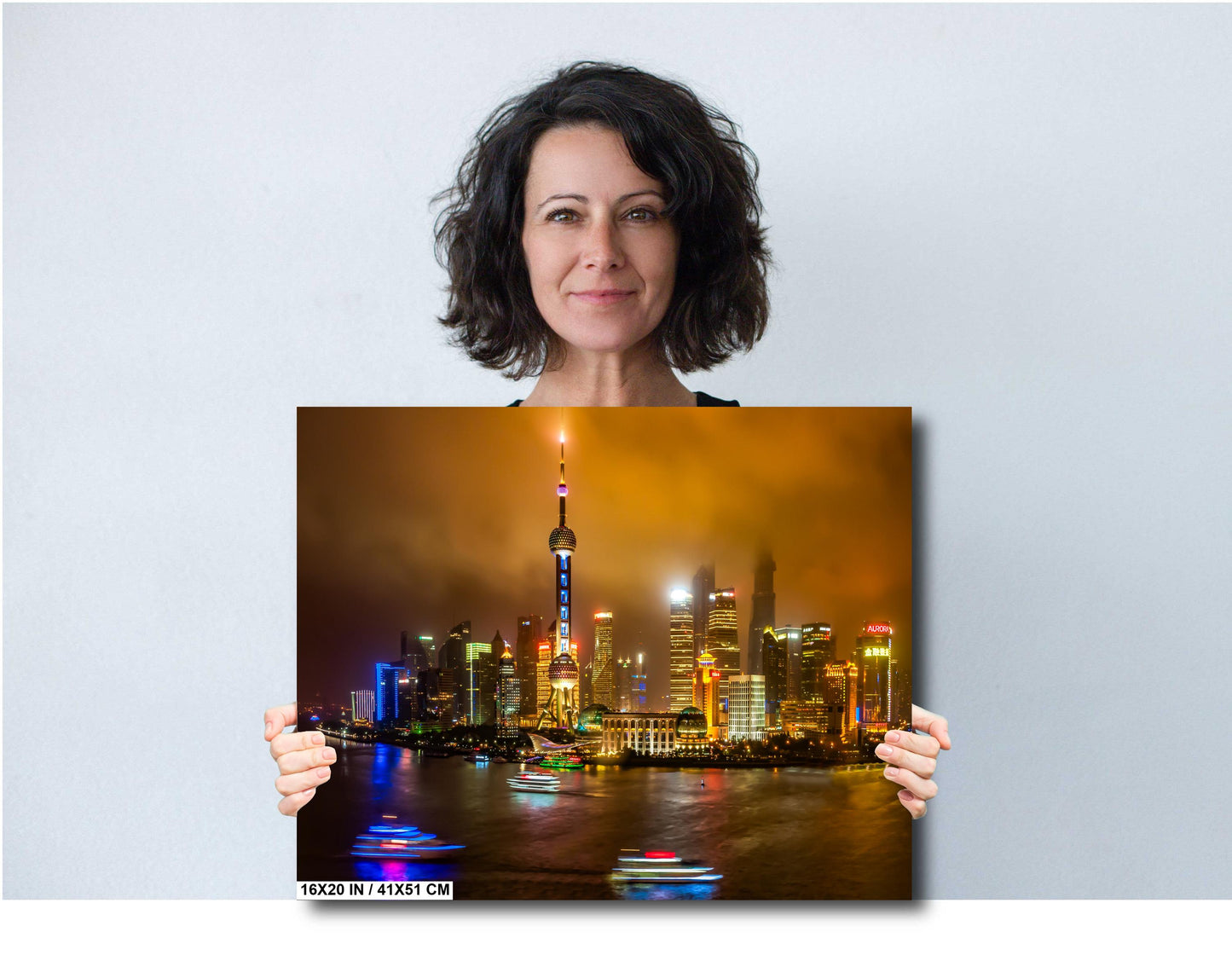 Shanghai Skyline Photography, Photo Art, Canvas Print, Home Decor, Wall Art, Buildings, Cityscape, Boats, Fog, Shanghai Tower