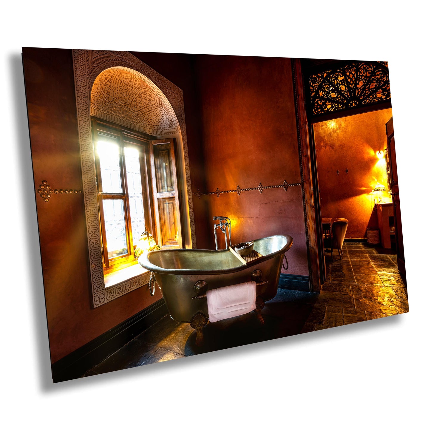 Moroccan Bathroom Canvas Print, Claw Foot Tub, Morocco Colors, Sun filled Bathroom Print, Bathtub Print, Morocco Wall Art