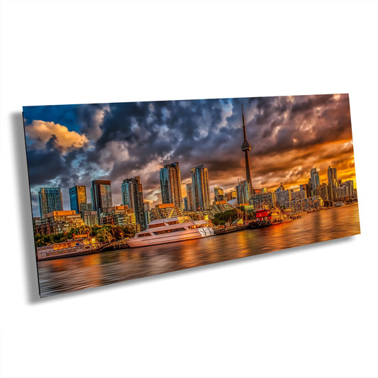 Toronto skyline, sunrise harbor, golden cityscape, moody sunrise, Toronto art print, urban photography, Toronto wall art, city skyline photo, dawn in Toronto, waterfront reflection, Toronto harbor, dramatic sky print, Canadian skyline