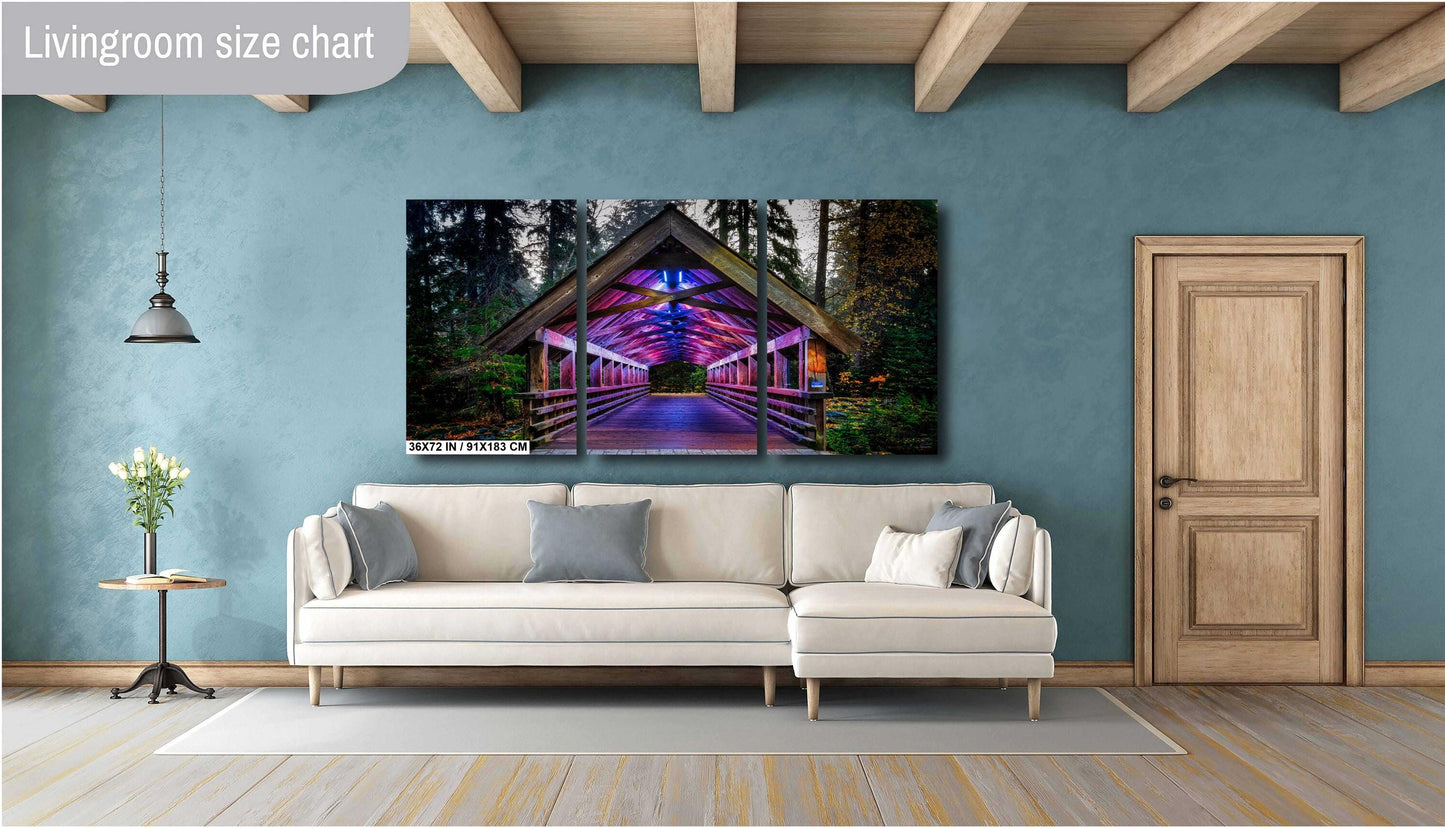 Whistler bridge photo, purple lights bridge, Whistler BC art, Fitzsimmons Creek art, mountain bridge photo, Whistler photography print, forest bridge, wooden bridge decor, covered bridge photo, Whistler fine art, glowing bridge print