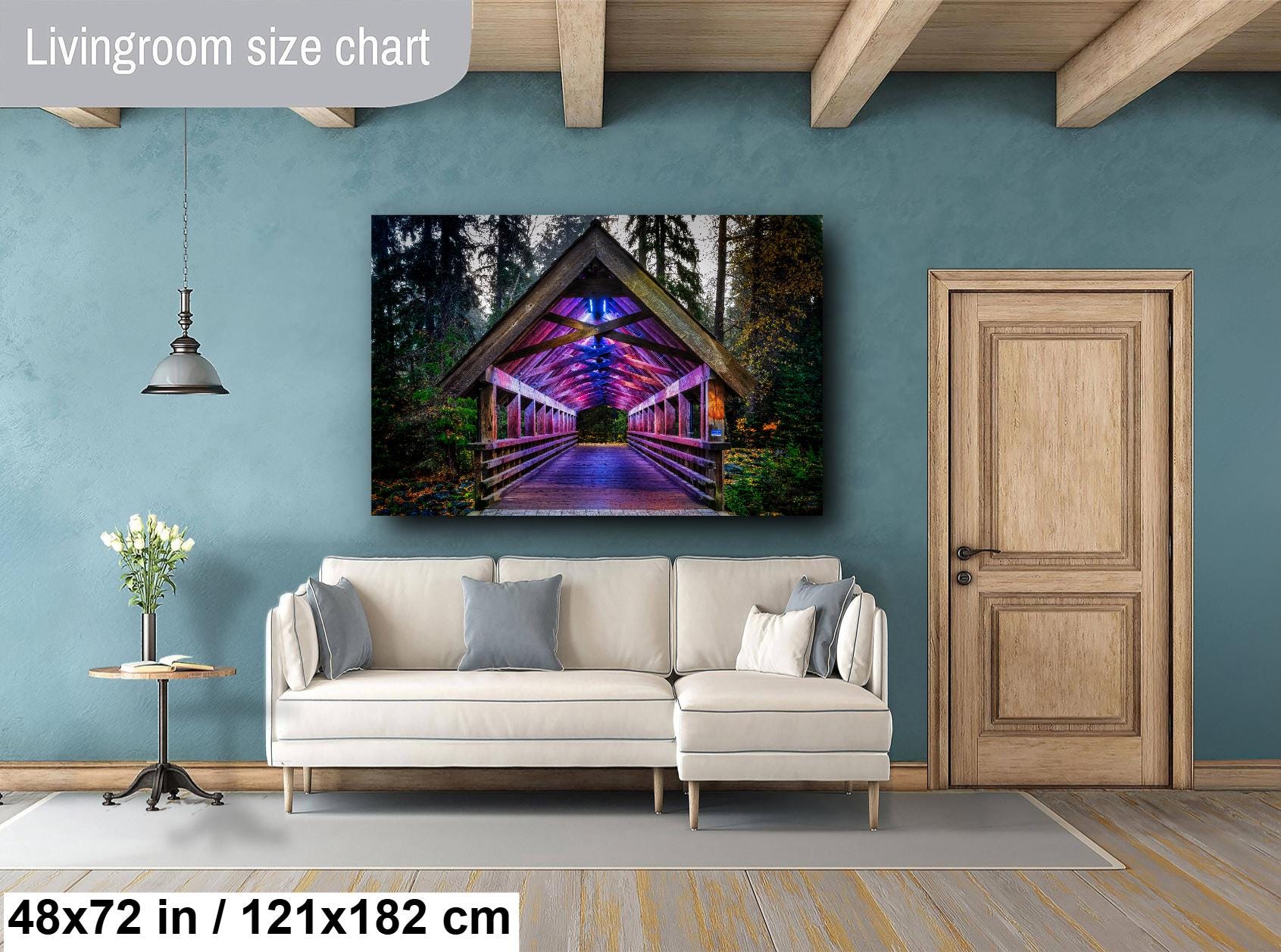 Whistler bridge photo, purple lights bridge, Whistler BC art, Fitzsimmons Creek art, mountain bridge photo, Whistler photography print, forest bridge, wooden bridge decor, covered bridge photo, Whistler fine art, glowing bridge print