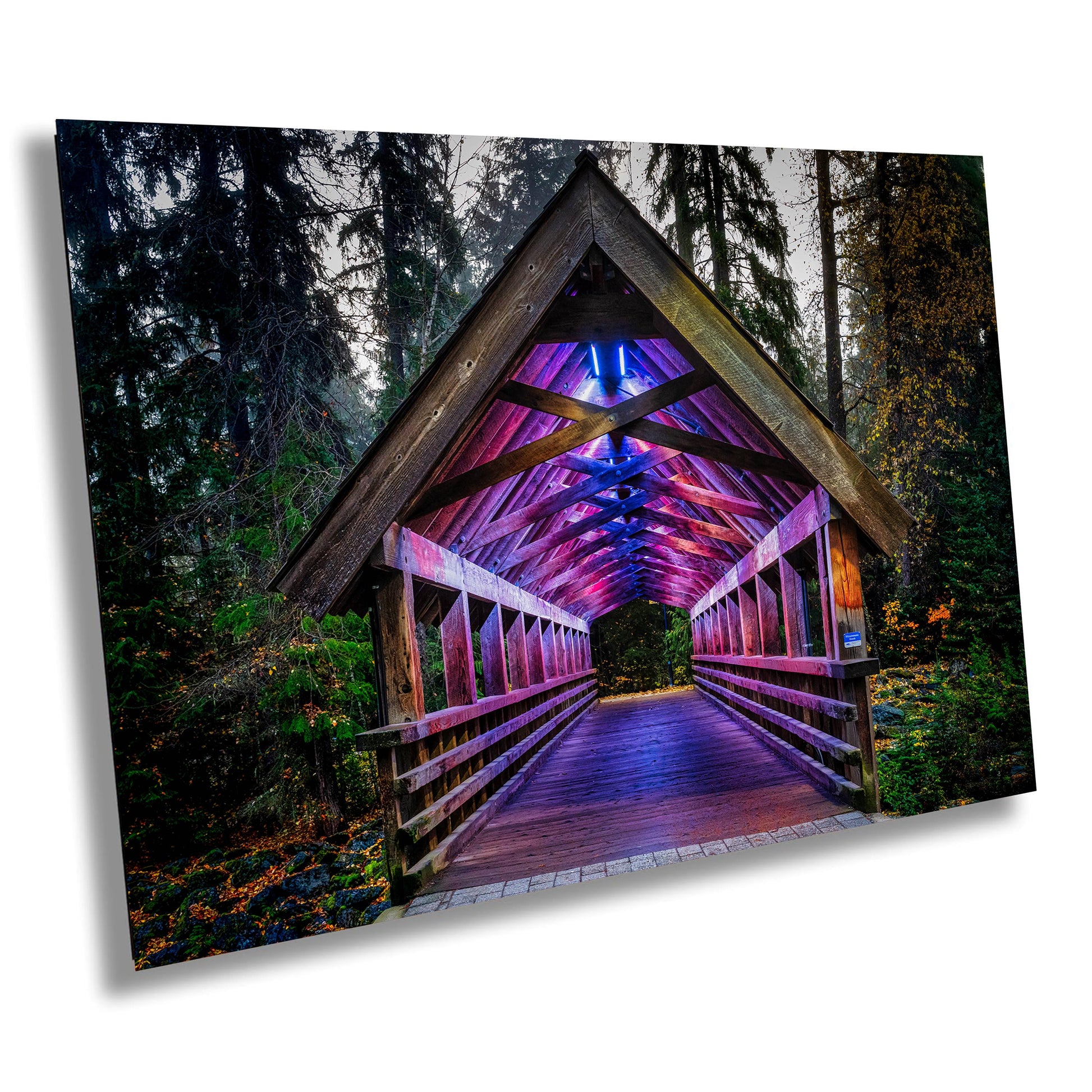 Whistler bridge photo, purple lights bridge, Whistler BC art, Fitzsimmons Creek art, mountain bridge photo, Whistler photography print, forest bridge, wooden bridge decor, covered bridge photo, Whistler fine art, glowing bridge print