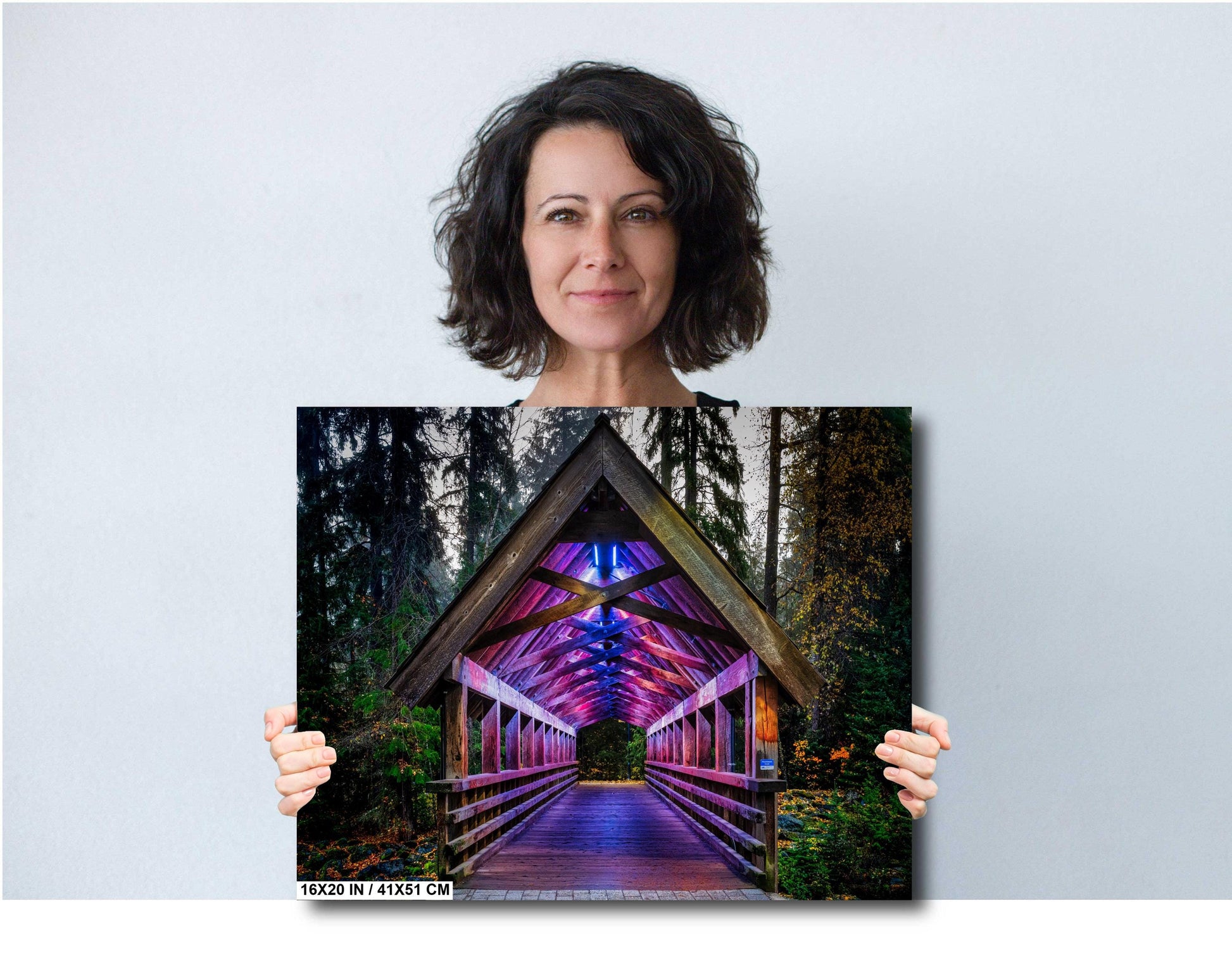 Whistler bridge photo, purple lights bridge, Whistler BC art, Fitzsimmons Creek art, mountain bridge photo, Whistler photography print, forest bridge, wooden bridge decor, covered bridge photo, Whistler fine art, glowing bridge print